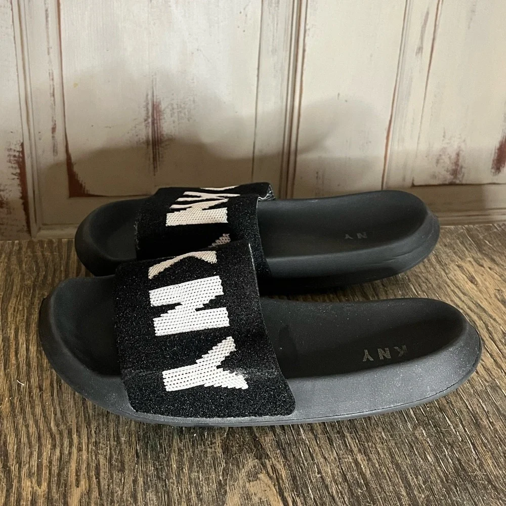 Womens DKNY black white Zax logo fabric slides sliders 9 - Picture 3 of 9
